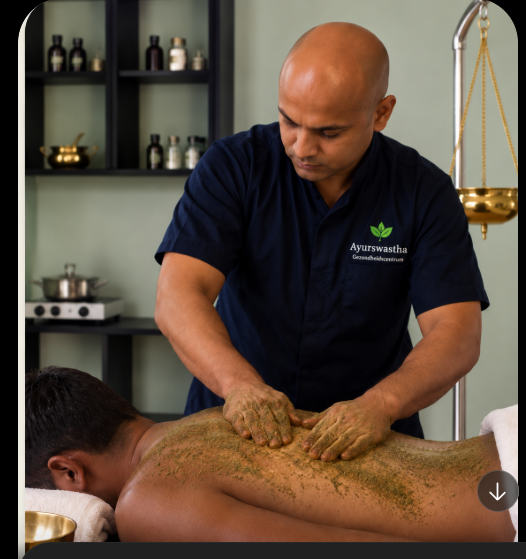 Kruidenpoedermassage (Udvartana) met een schaal kruidenpoeder